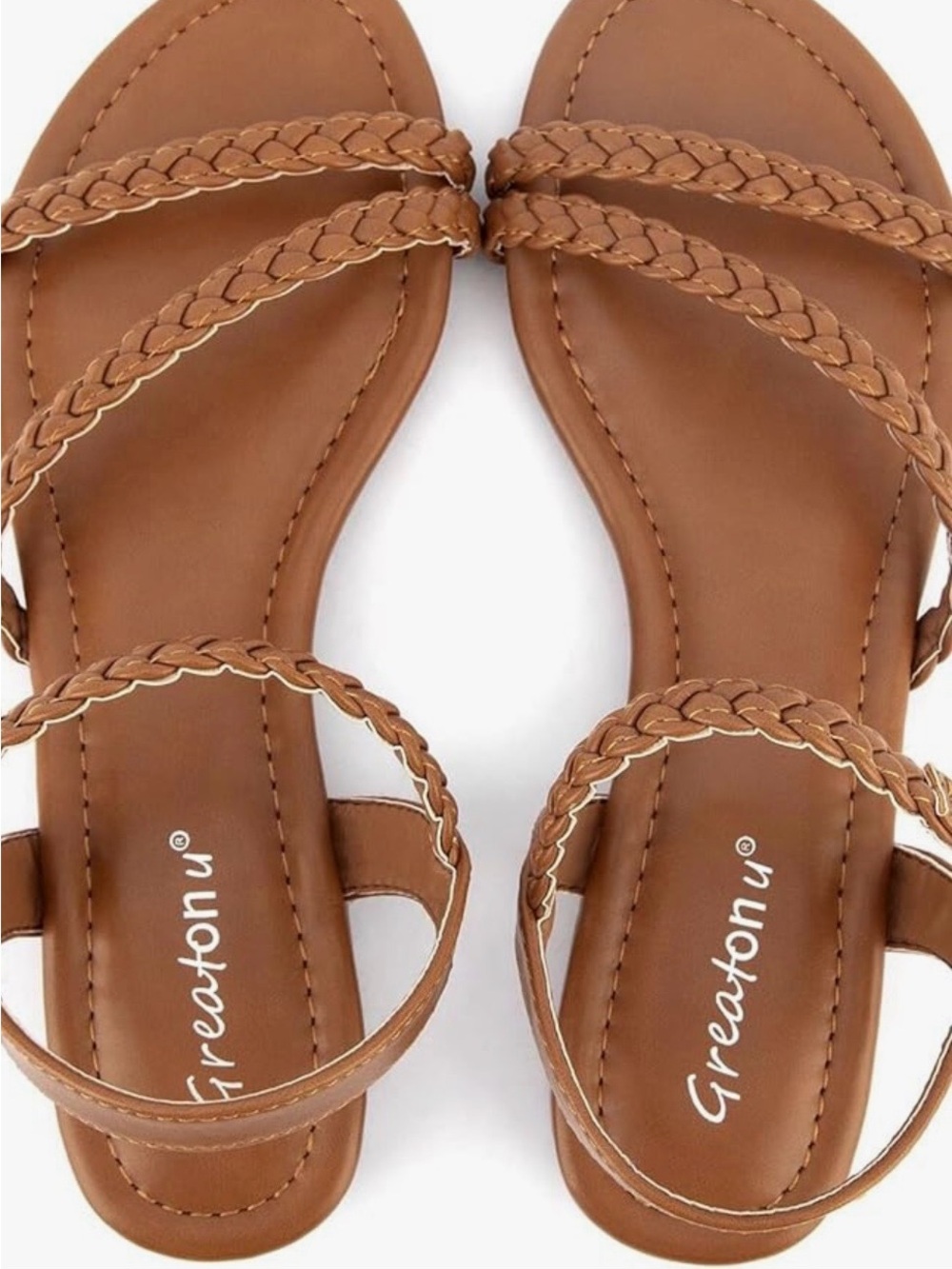 Greatonu Braided Tan Leather-Look Strappy Sandals